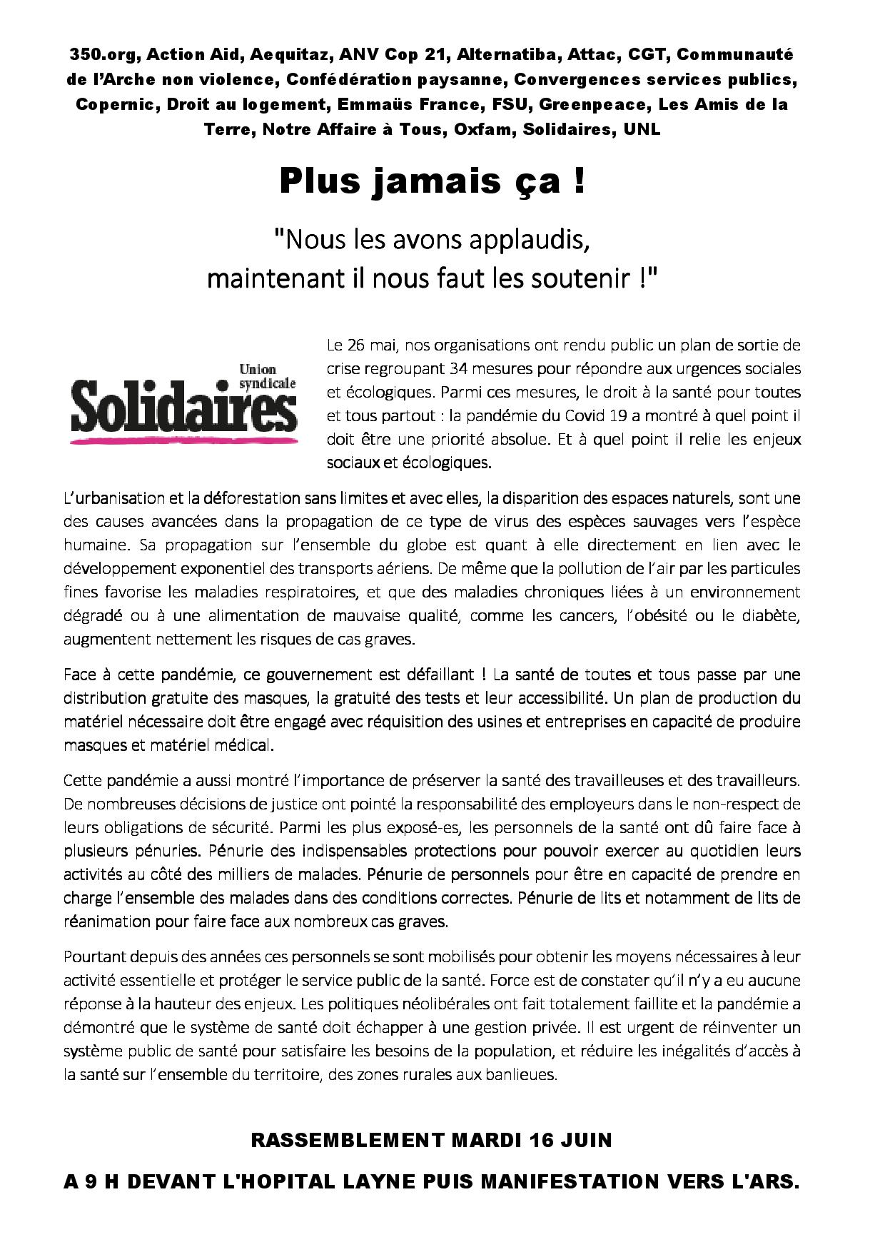 Tract Solidaires mobilisation du 16 juin 2020
