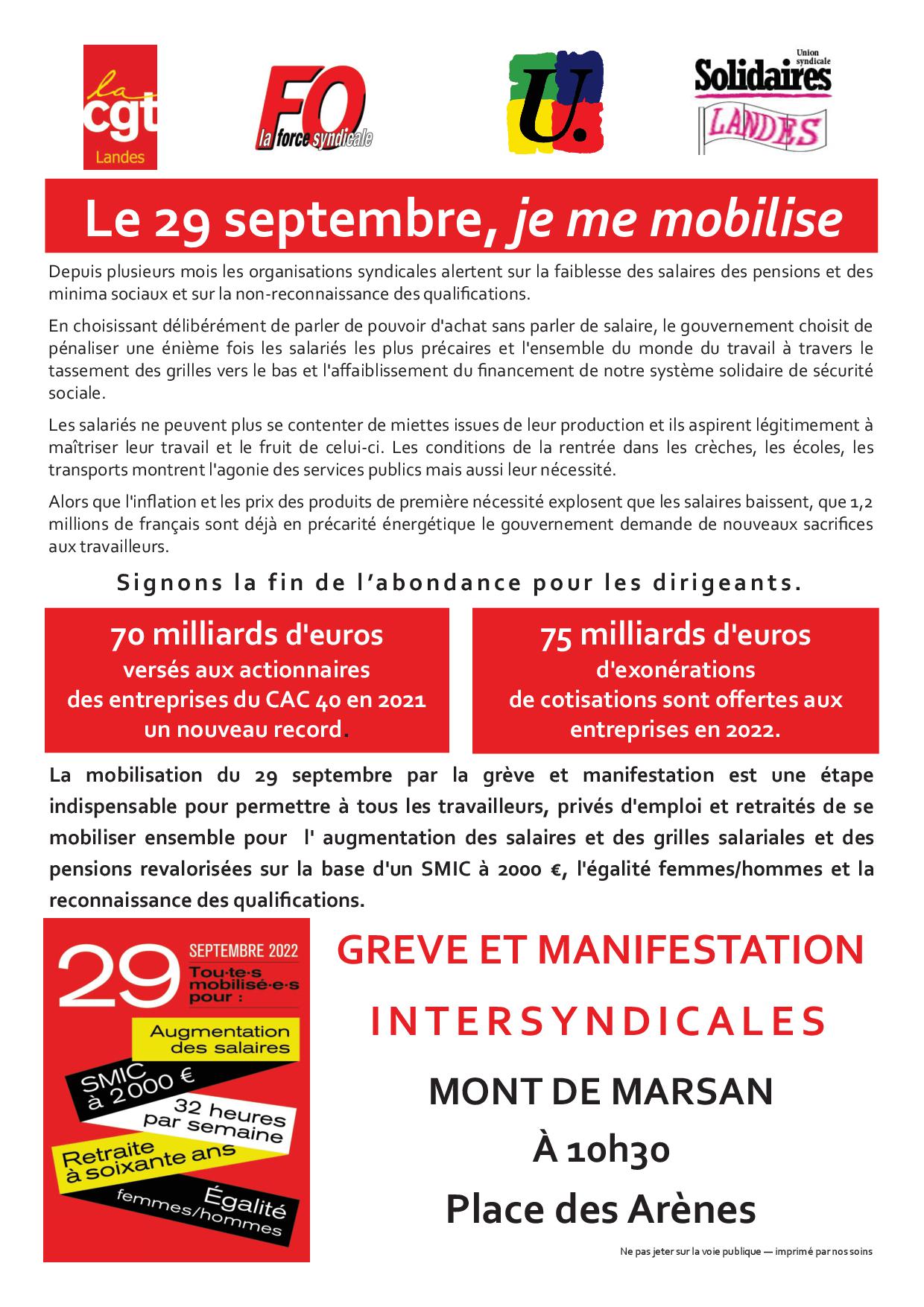 Tract inter syndicale Landes grève du 29 09 2022