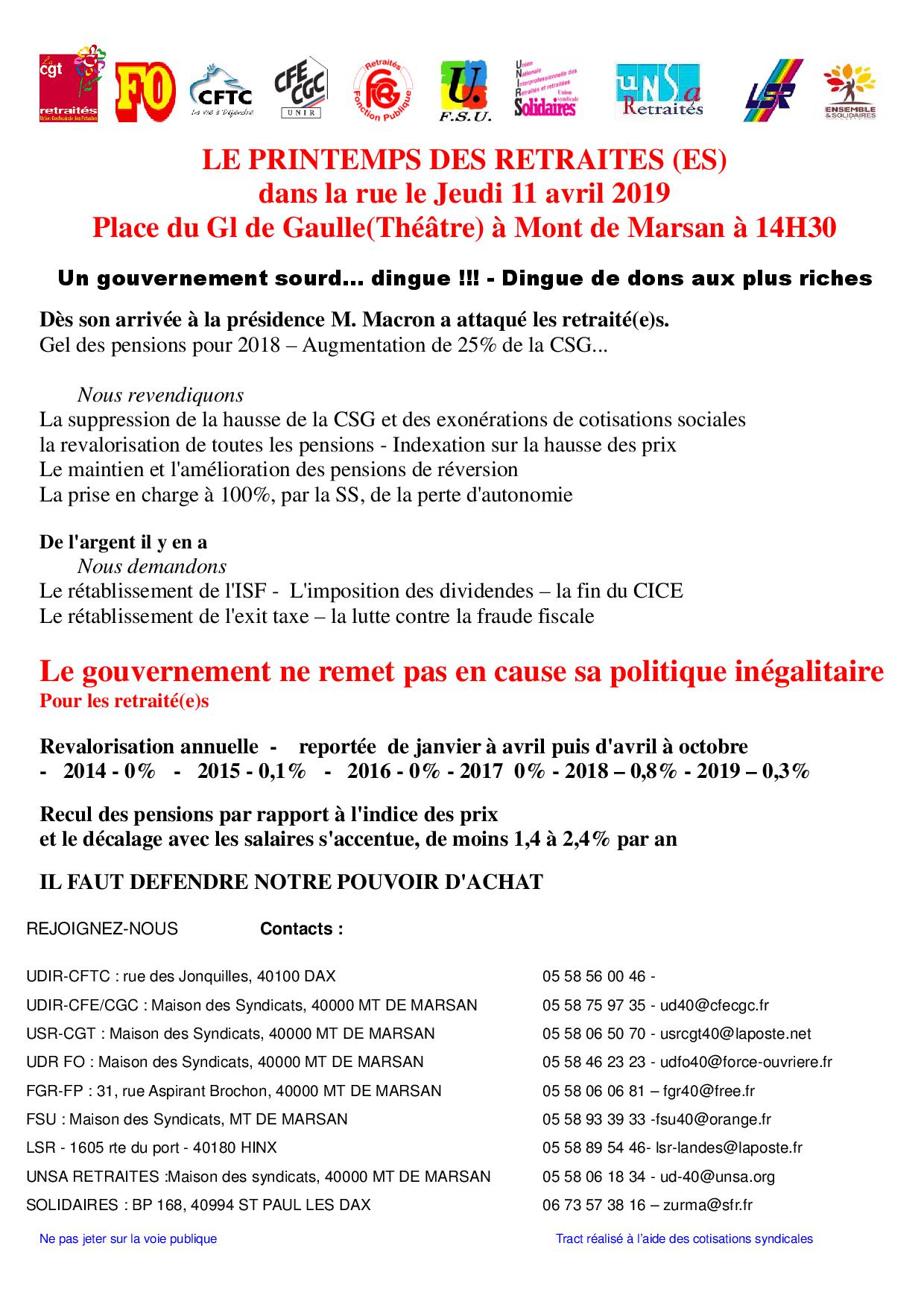 Tract du 11 avril 2019 Le printemps des retraités