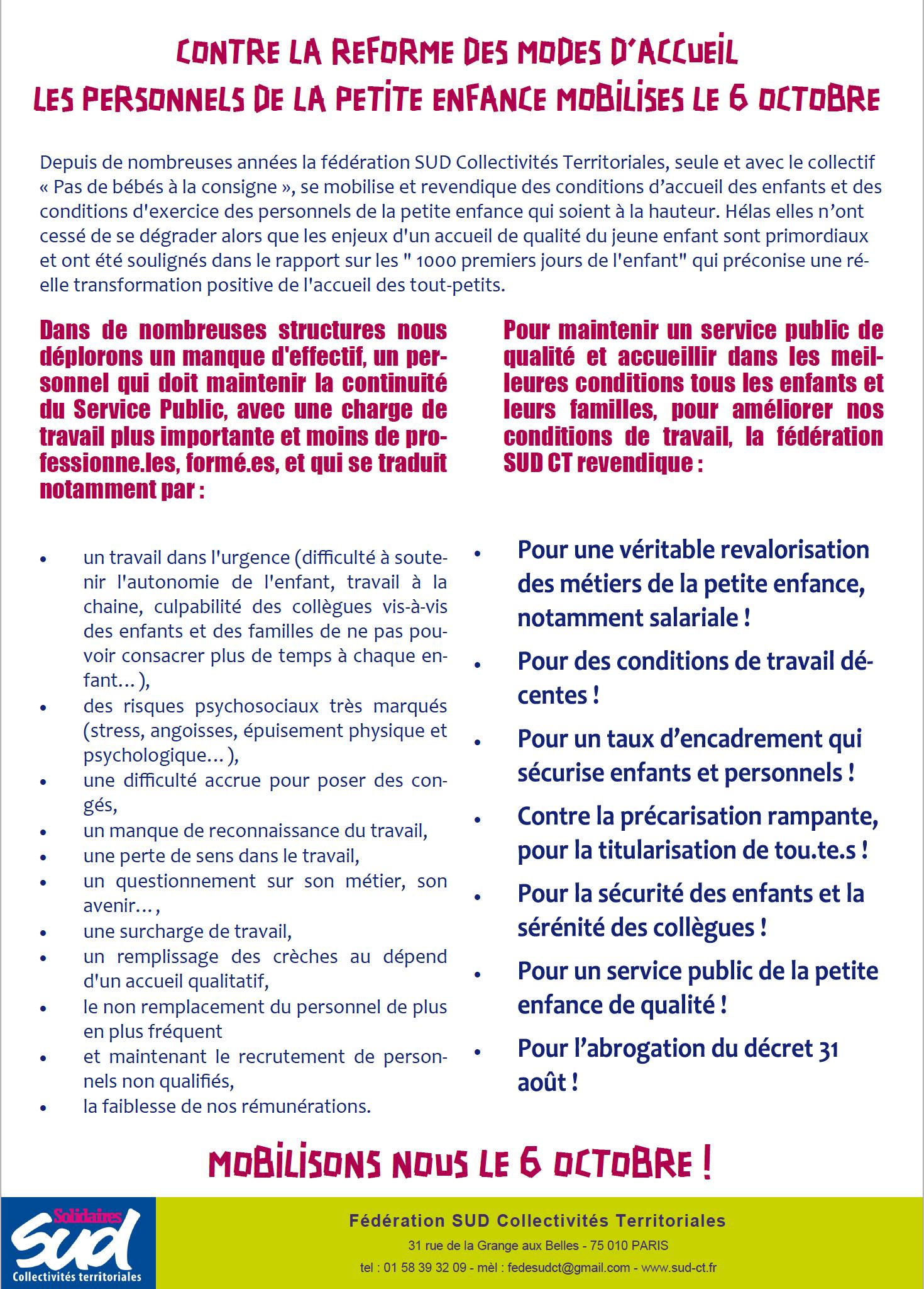 Grève du 6 octobre 2022 Dans le secteur de la petite enfance