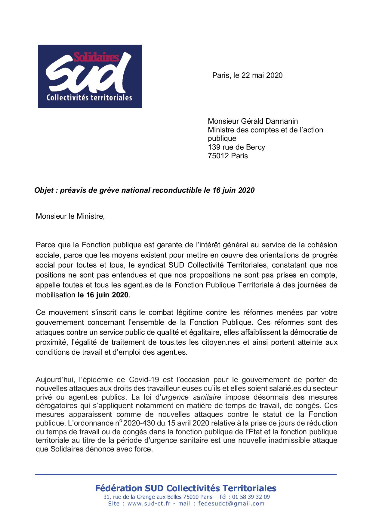 Préavis de grève du 16 juin 2020